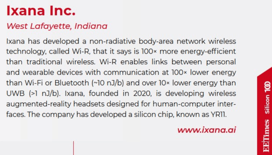 Ixana Named to EE Times' Silicon 100 for Wi-R Non-Radiative Body-Area-Network Technology