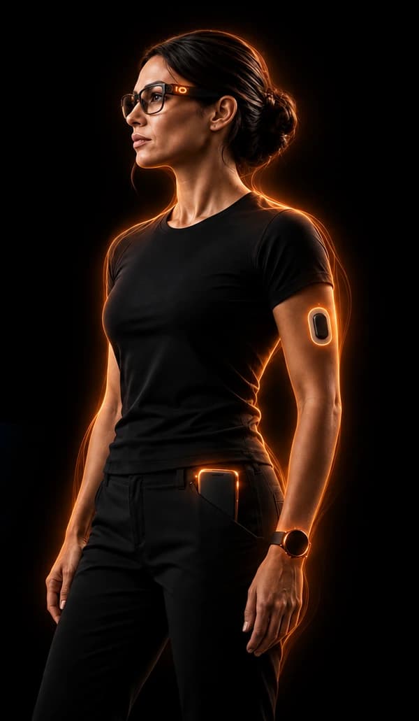 Illustrative wearable endpoints: glasses, upper-arm sensor, pocket compute, and watch.
