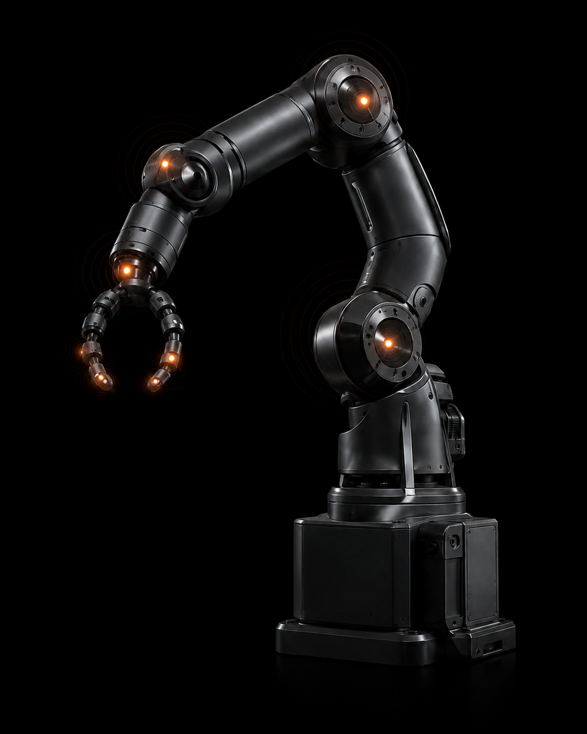 Black articulated robotic arm with highlighted joint and gripper endpoint positions.
