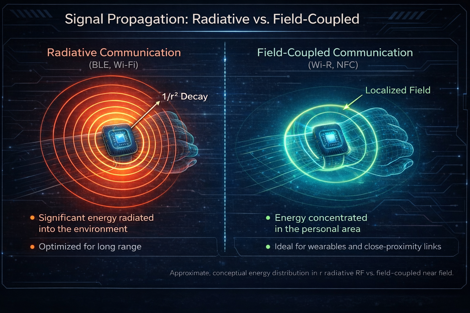 Figure 1: The Physics of Survivability. Standard radiative protocols (left) broadcast signature into the environment, creating a targetable footprint. Wi-R (right) uses field-coupled communication to confine the signal to the immediate personal area, eliminating the "digital kill box."