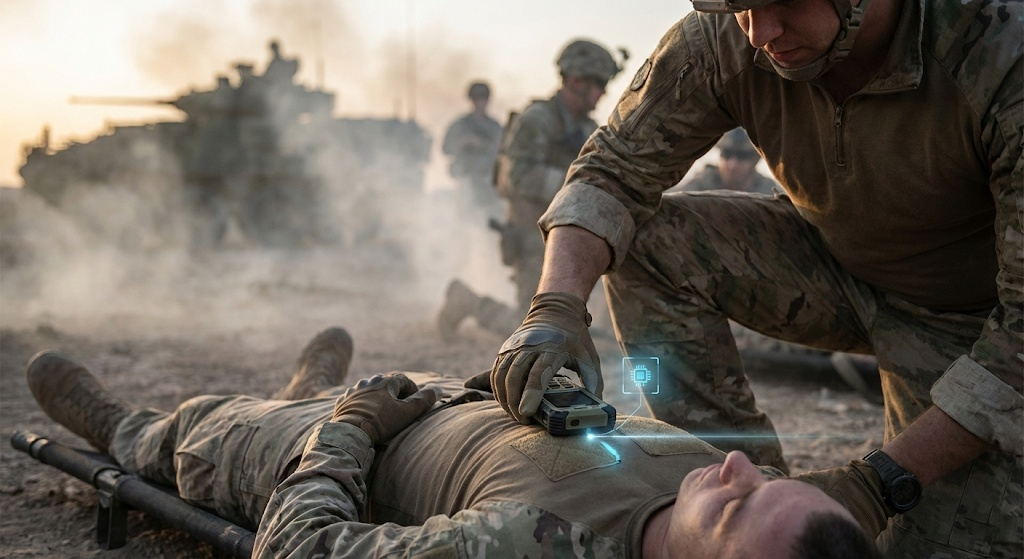 Figure 3: Operational Reality. A medic performs a 'digital handshake' using a Wi-R enabled ruggedized handheld. The blue glow indicates the secure, body-confined link transferring vitals and triage data instantly upon contact, without broadcasting an RF signature to the surrounding kill zone.