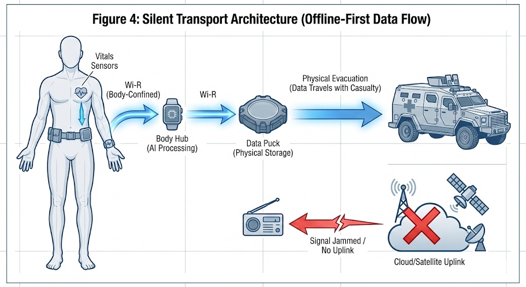 Figure 4: Autonomous Documentation Architecture. An offline-first workflow where sensors feed a body-worn hub, which transfers the patient's complete medical record to a ruggedized storage device via Wi-R. The record physically travels with the casualty through evacuation, eliminating dependence on dangerous RF uplinks.