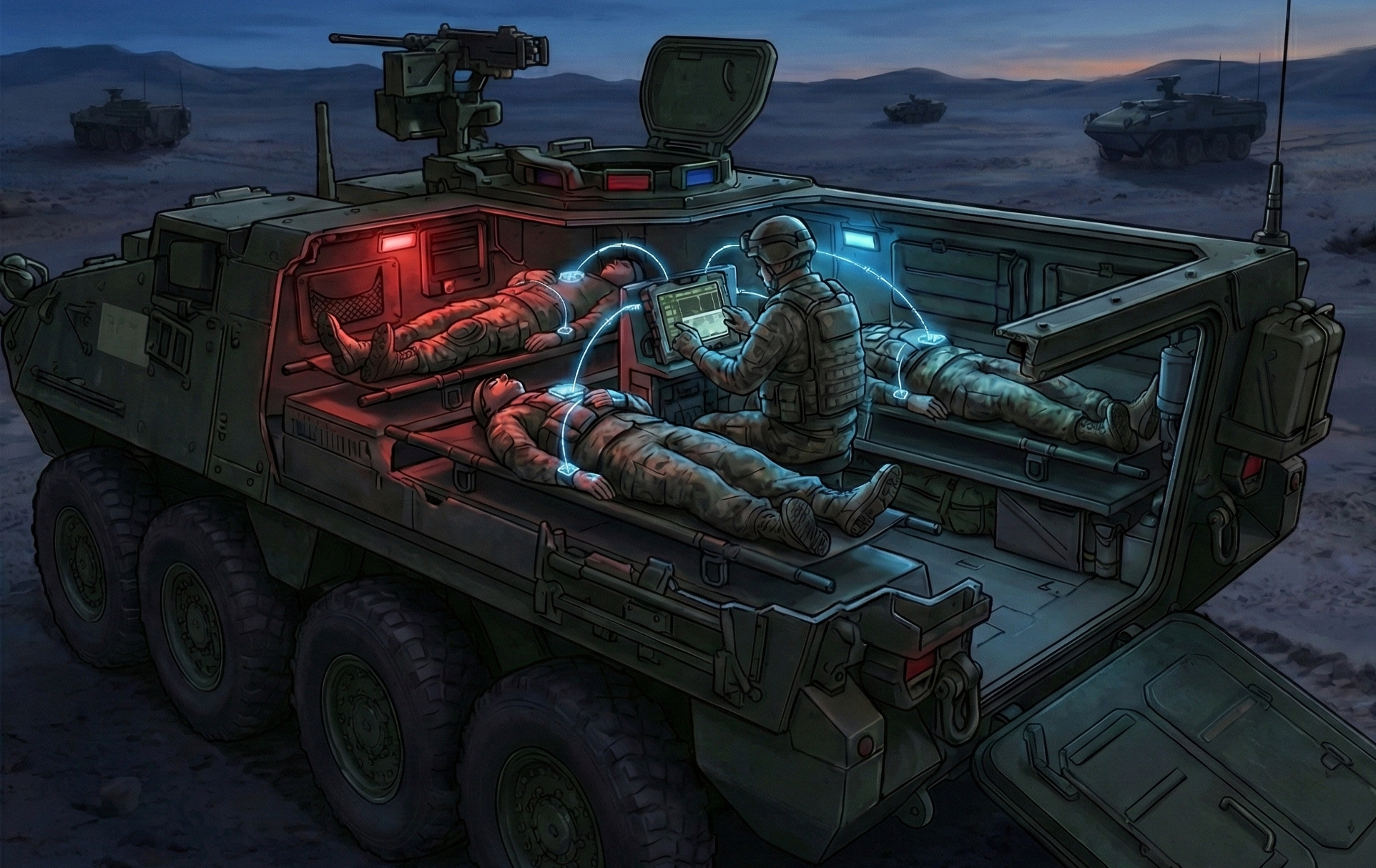 Figure 5: Silent CASEVAC Concept. Wi-R enables intra-vehicle monitoring of multiple casualties without broadcasting an RF signature that could betray the vehicle's position.